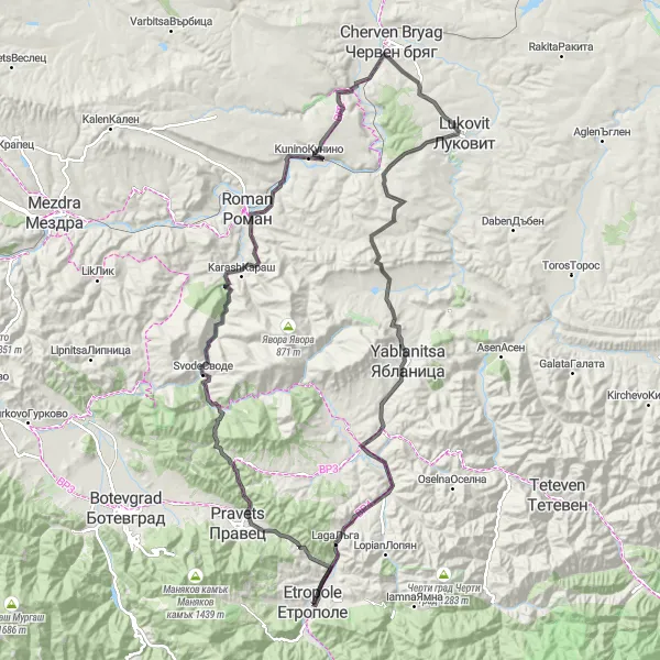 Map miniature of "Prafeshki Vrah Adventure Road Route" cycling inspiration in Yugozapaden, Bulgaria. Generated by Tarmacs.app cycling route planner