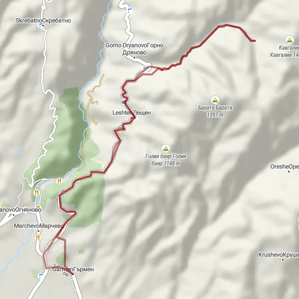Map miniature of "Uncovering Hidden Gems: Garmen to Leshten" cycling inspiration in Yugozapaden, Bulgaria. Generated by Tarmacs.app cycling route planner