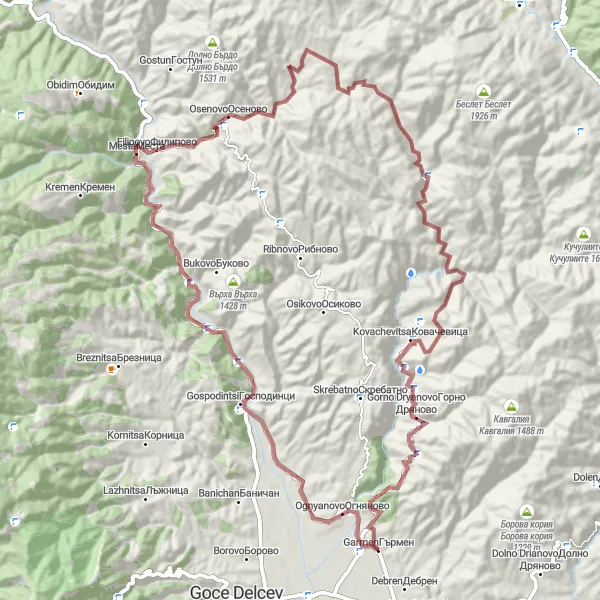 Map miniature of "Gravel Adventure: Garmen to Leshten" cycling inspiration in Yugozapaden, Bulgaria. Generated by Tarmacs.app cycling route planner