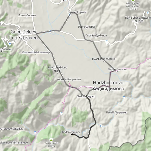 Map miniature of "Garmen to Koprivlen" cycling inspiration in Yugozapaden, Bulgaria. Generated by Tarmacs.app cycling route planner