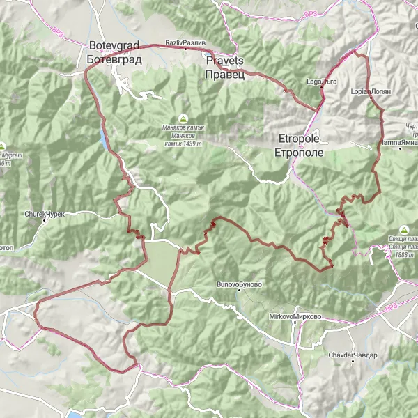 Map miniature of "The Gravel Adventure" cycling inspiration in Yugozapaden, Bulgaria. Generated by Tarmacs.app cycling route planner