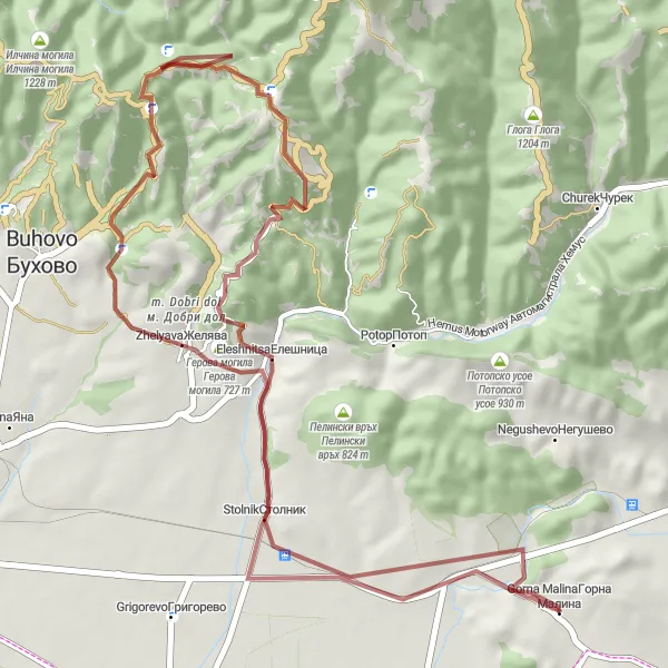 Map miniature of "Gorna Malina and Surrounding Villages" cycling inspiration in Yugozapaden, Bulgaria. Generated by Tarmacs.app cycling route planner