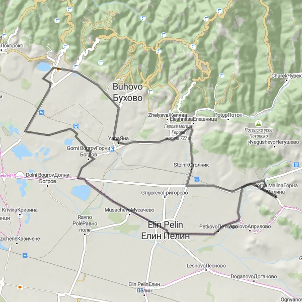 Map miniature of "Elin's Loop" cycling inspiration in Yugozapaden, Bulgaria. Generated by Tarmacs.app cycling route planner