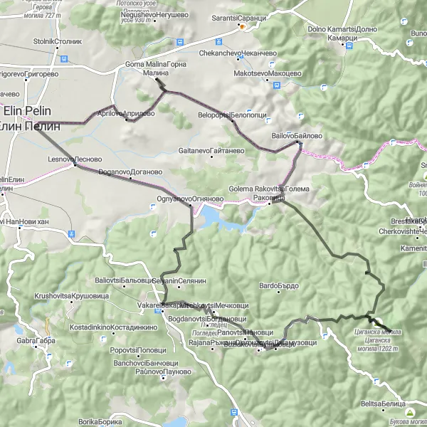 Map miniature of "The Road Loop" cycling inspiration in Yugozapaden, Bulgaria. Generated by Tarmacs.app cycling route planner