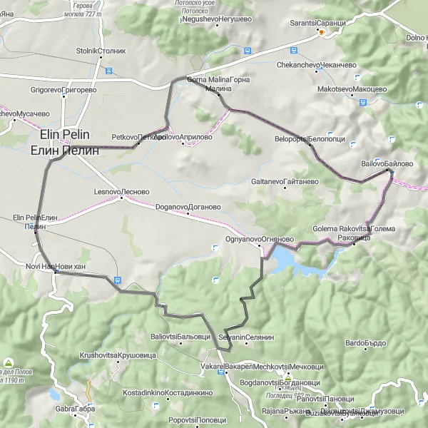 Map miniature of "Lush Countryside Loop" cycling inspiration in Yugozapaden, Bulgaria. Generated by Tarmacs.app cycling route planner