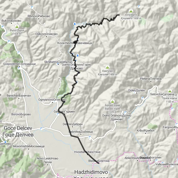 Map miniature of "Leshten's Secret Passages" cycling inspiration in Yugozapaden, Bulgaria. Generated by Tarmacs.app cycling route planner