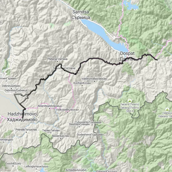 Map miniature of "Road Cycling Route from Hadzhidimovo to Hvostiane" cycling inspiration in Yugozapaden, Bulgaria. Generated by Tarmacs.app cycling route planner