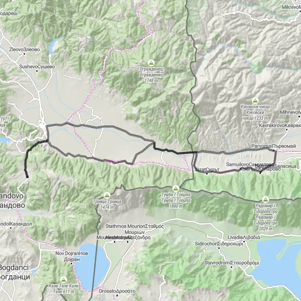 Map miniature of "Road Cycling Route with Challenging Ascent" cycling inspiration in Yugozapaden, Bulgaria. Generated by Tarmacs.app cycling route planner