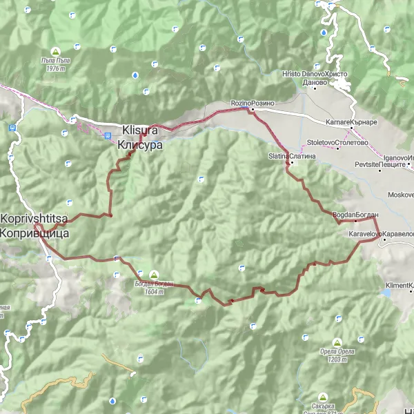 Map miniature of "Koprivshtitsa Gravel Adventure" cycling inspiration in Yugozapaden, Bulgaria. Generated by Tarmacs.app cycling route planner