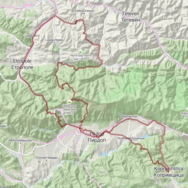 Map miniature of "Off-road adventure: Exploring the gravel paths around Koprivshtitsa" cycling inspiration in Yugozapaden, Bulgaria. Generated by Tarmacs.app cycling route planner