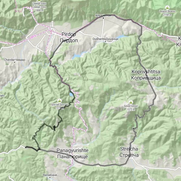 Map miniature of "The Scenic Roadway" cycling inspiration in Yugozapaden, Bulgaria. Generated by Tarmacs.app cycling route planner