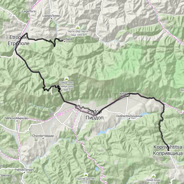 Map miniature of "The Road Explorer" cycling inspiration in Yugozapaden, Bulgaria. Generated by Tarmacs.app cycling route planner