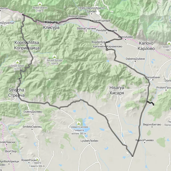 Map miniature of "Three passes around Koprivshtitsa" cycling inspiration in Yugozapaden, Bulgaria. Generated by Tarmacs.app cycling route planner