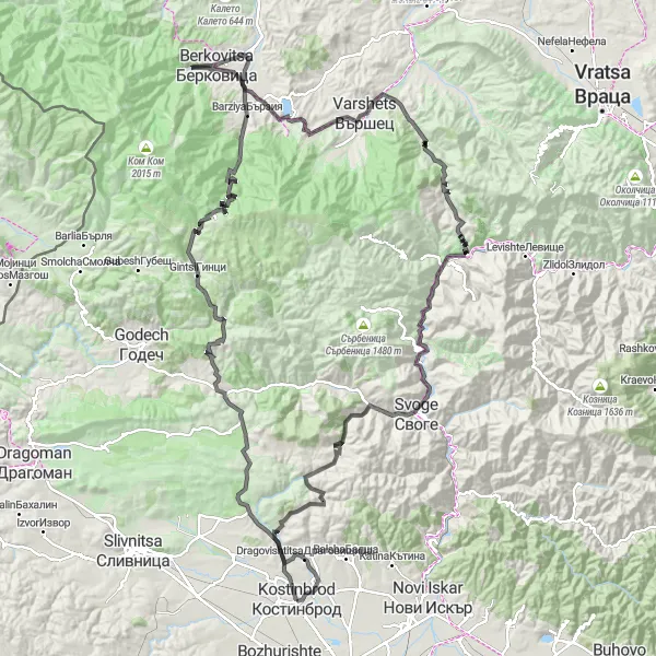 Map miniature of "Kostinbrod Circle of Highlights" cycling inspiration in Yugozapaden, Bulgaria. Generated by Tarmacs.app cycling route planner