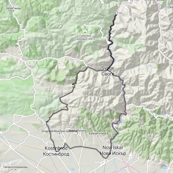 Map miniature of "Kostinbrod - Marco Vrah - Svidnia - Gara Bov - Kokalan - Svoge - Rebrovo - Novi Iskar - Golianovtsi Round Trip" cycling inspiration in Yugozapaden, Bulgaria. Generated by Tarmacs.app cycling route planner