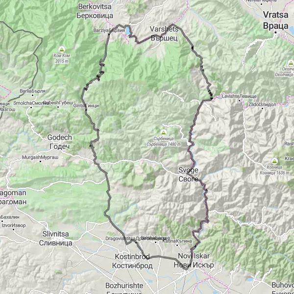 Map miniature of "Kostinbrod - Dragovishtitsa - Popova Glava - Shilni Var - Gintsi - Berberska Chuka - Barziya - Elin Vrah - Dolna Bela Rechka - Ganchova Mogila - Gara Lakatnik - Kokalan - Svoge - Vlado Trichkov - Dobroslavtsi Round Trip" cycling inspiration in Yugozapaden, Bulgaria. Generated by Tarmacs.app cycling route planner