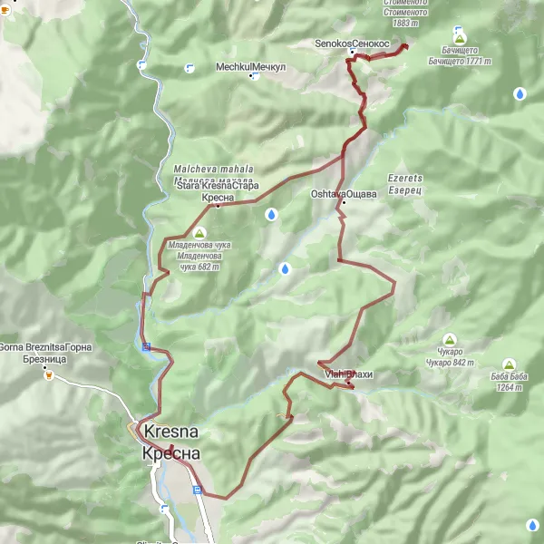 Map miniature of "Gravel Cycling Route near Kresna" cycling inspiration in Yugozapaden, Bulgaria. Generated by Tarmacs.app cycling route planner