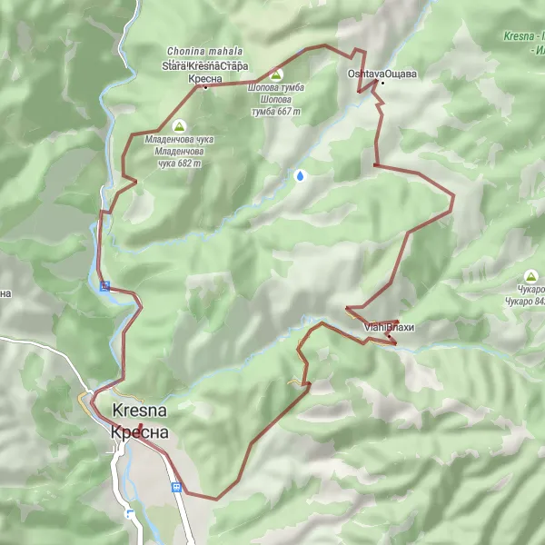 Map miniature of "Kresna Gravel Loop" cycling inspiration in Yugozapaden, Bulgaria. Generated by Tarmacs.app cycling route planner