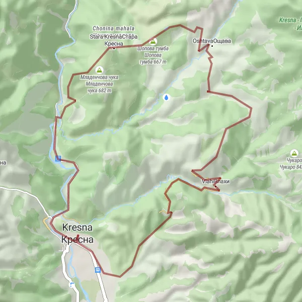 Map miniature of "Thrilling Gravel Cycling Exploration near Kresna" cycling inspiration in Yugozapaden, Bulgaria. Generated by Tarmacs.app cycling route planner