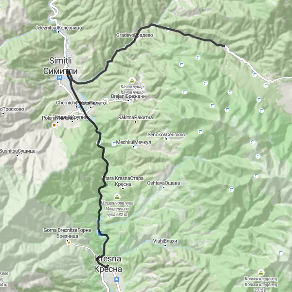 Map miniature of "Kresna Road Expedition" cycling inspiration in Yugozapaden, Bulgaria. Generated by Tarmacs.app cycling route planner