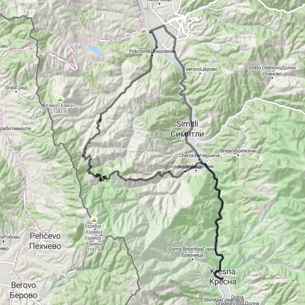 Map miniature of "Kresna Mountain Challenge" cycling inspiration in Yugozapaden, Bulgaria. Generated by Tarmacs.app cycling route planner