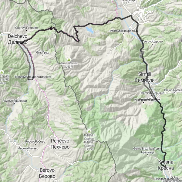 Map miniature of "Challenging Road Cycling Circuit from Kresna" cycling inspiration in Yugozapaden, Bulgaria. Generated by Tarmacs.app cycling route planner