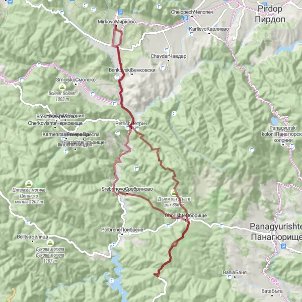 Map miniature of "Benkovski and Oborishte Gravel Loop" cycling inspiration in Yugozapaden, Bulgaria. Generated by Tarmacs.app cycling route planner