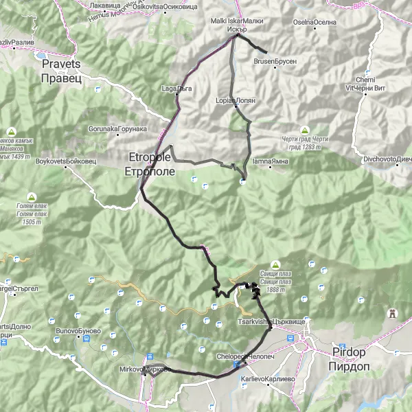 Map miniature of "Enchanting Scenic Road Tour from Mirkovo" cycling inspiration in Yugozapaden, Bulgaria. Generated by Tarmacs.app cycling route planner