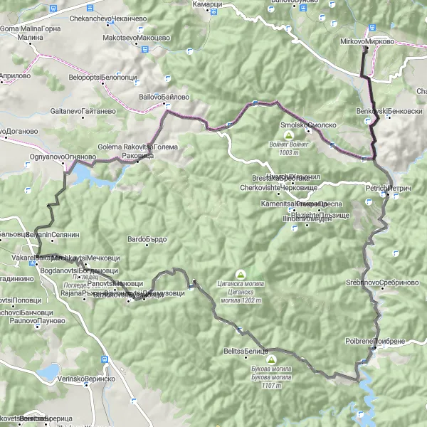 Map miniature of "Sredna Gora Mountain Loop" cycling inspiration in Yugozapaden, Bulgaria. Generated by Tarmacs.app cycling route planner