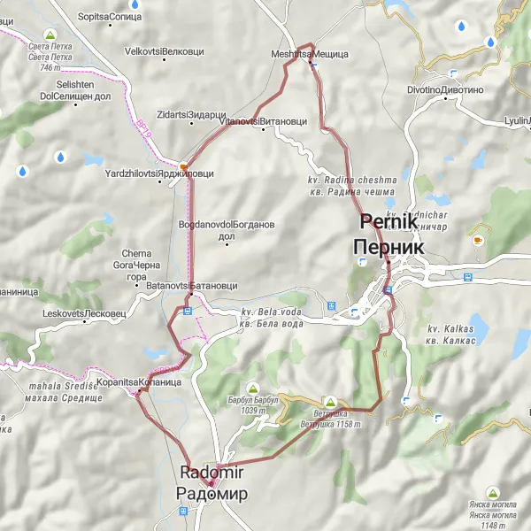 Map miniature of "Radomir to Бучалото gravel route" cycling inspiration in Yugozapaden, Bulgaria. Generated by Tarmacs.app cycling route planner