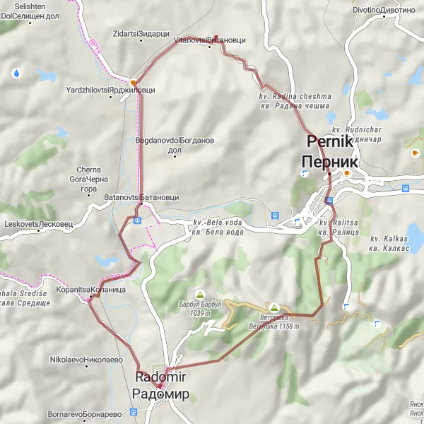 Map miniature of "Gravel Adventure near Radomir" cycling inspiration in Yugozapaden, Bulgaria. Generated by Tarmacs.app cycling route planner