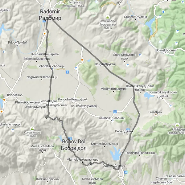Map miniature of "Roadloop through Radomir" cycling inspiration in Yugozapaden, Bulgaria. Generated by Tarmacs.app cycling route planner