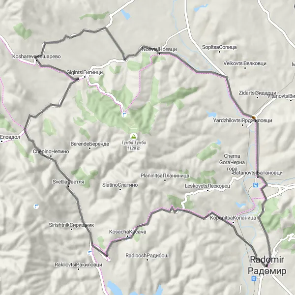 Map miniature of "Historic Road Journey" cycling inspiration in Yugozapaden, Bulgaria. Generated by Tarmacs.app cycling route planner