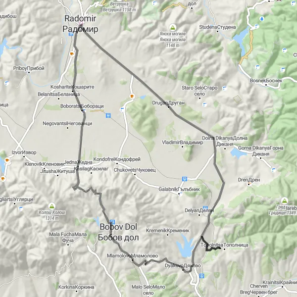 Map miniature of "Scenic Road Ride" cycling inspiration in Yugozapaden, Bulgaria. Generated by Tarmacs.app cycling route planner