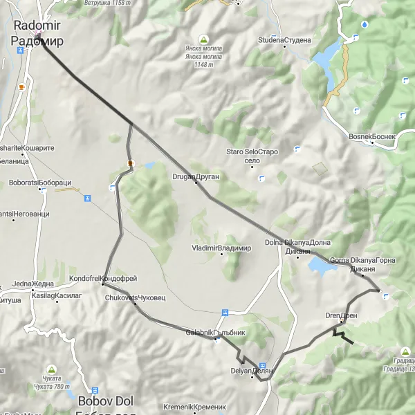 Map miniature of "Legendary Road Expedition" cycling inspiration in Yugozapaden, Bulgaria. Generated by Tarmacs.app cycling route planner