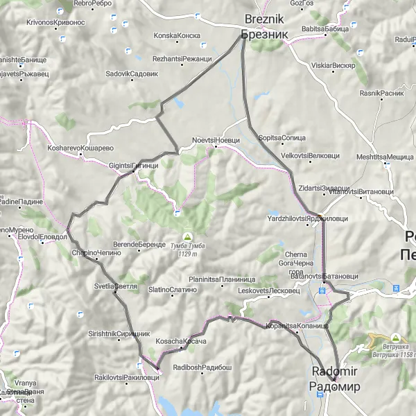 Map miniature of "Radomir Loop" cycling inspiration in Yugozapaden, Bulgaria. Generated by Tarmacs.app cycling route planner