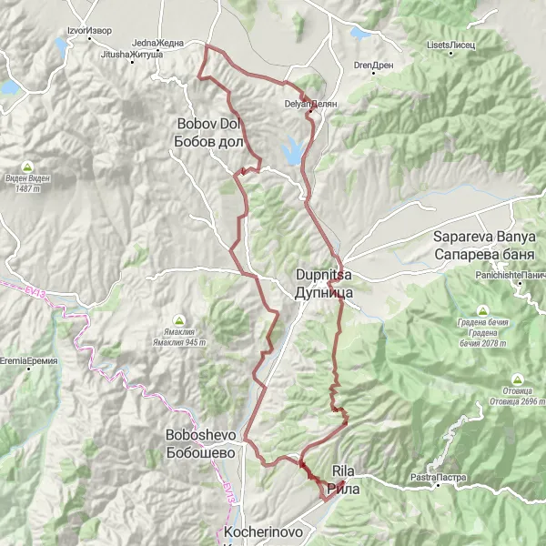 Map miniature of "The Wild Landscapes of Rila" cycling inspiration in Yugozapaden, Bulgaria. Generated by Tarmacs.app cycling route planner