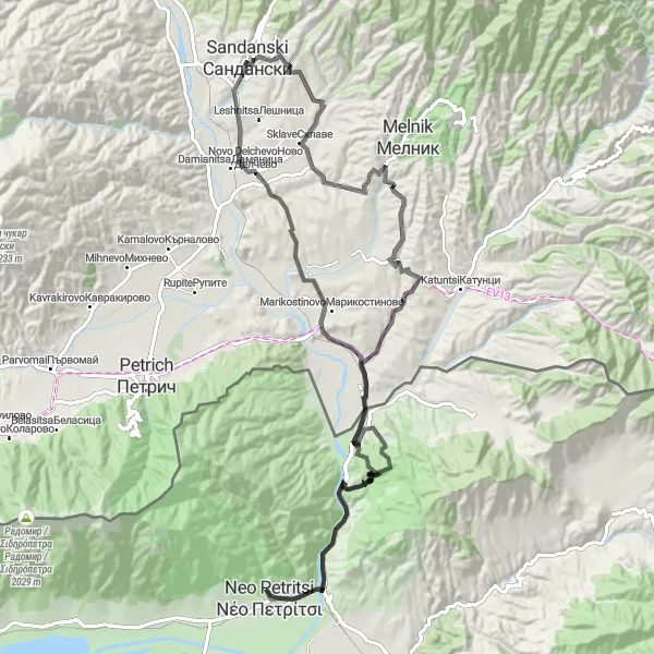 Map miniature of "Sandanski-Dolno Spanchevo-Levunovo" cycling inspiration in Yugozapaden, Bulgaria. Generated by Tarmacs.app cycling route planner