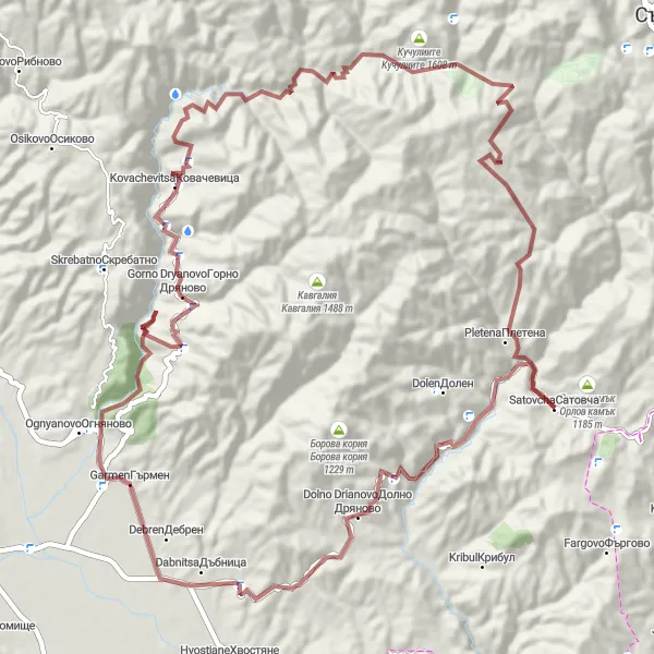 Map miniature of "Gravel Adventure to Dryanovo" cycling inspiration in Yugozapaden, Bulgaria. Generated by Tarmacs.app cycling route planner