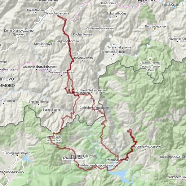 Map miniature of "The Gravel Rollercoaster" cycling inspiration in Yugozapaden, Bulgaria. Generated by Tarmacs.app cycling route planner