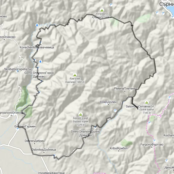 Map miniature of "Satovcha - Leshten Road Adventure" cycling inspiration in Yugozapaden, Bulgaria. Generated by Tarmacs.app cycling route planner