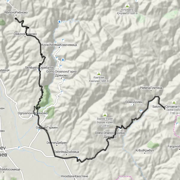 Map miniature of "Satovcha - Ribnovo Road Adventure" cycling inspiration in Yugozapaden, Bulgaria. Generated by Tarmacs.app cycling route planner