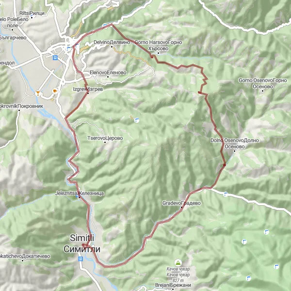 Map miniature of "Blagoevgrad and Gradevo Gravel Loop" cycling inspiration in Yugozapaden, Bulgaria. Generated by Tarmacs.app cycling route planner