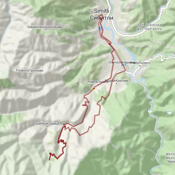 Map miniature of "Krupnik and Polena Gravel Expedition" cycling inspiration in Yugozapaden, Bulgaria. Generated by Tarmacs.app cycling route planner