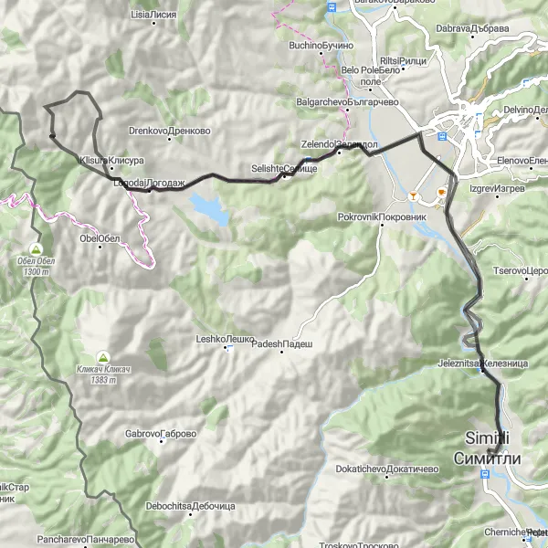 Map miniature of "Selishte and Klisura Loop" cycling inspiration in Yugozapaden, Bulgaria. Generated by Tarmacs.app cycling route planner