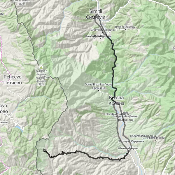 Map miniature of "Cherniche and Kresna Loop" cycling inspiration in Yugozapaden, Bulgaria. Generated by Tarmacs.app cycling route planner