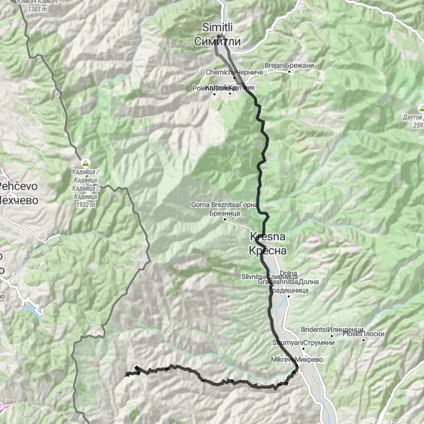 Map miniature of "Cherniche and Kresna Circuit" cycling inspiration in Yugozapaden, Bulgaria. Generated by Tarmacs.app cycling route planner