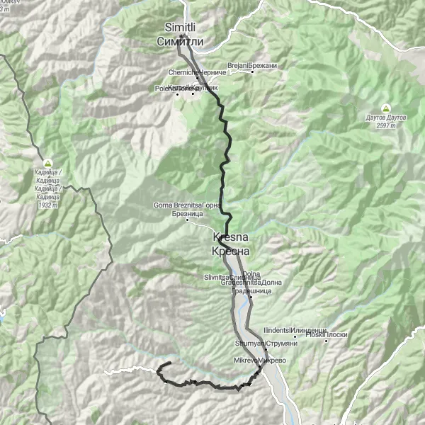 Map miniature of "Kresna Valley Loop" cycling inspiration in Yugozapaden, Bulgaria. Generated by Tarmacs.app cycling route planner