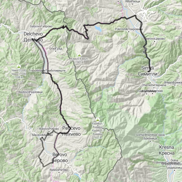 Map miniature of "Panoramic Road Cycling: Selishte to Zelianikovo" cycling inspiration in Yugozapaden, Bulgaria. Generated by Tarmacs.app cycling route planner