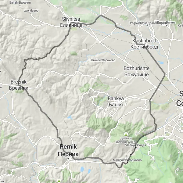 Map miniature of "Road Cycling Adventure in the Heart of Slivnitsa" cycling inspiration in Yugozapaden, Bulgaria. Generated by Tarmacs.app cycling route planner